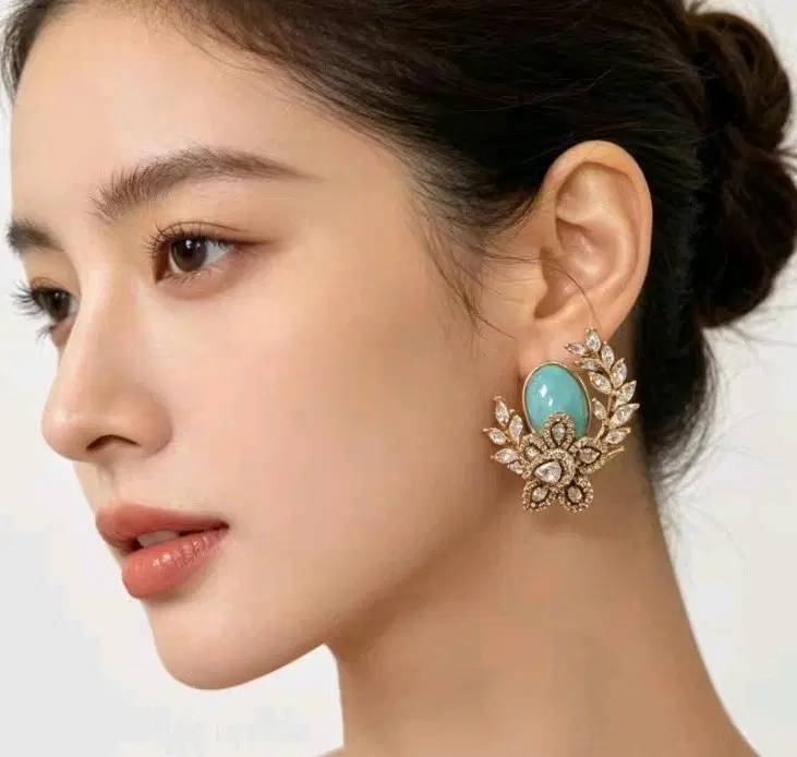 LUBA] 빈티지 터키석 아게이트 원석 큐빅 플라워 은침 귀걸이