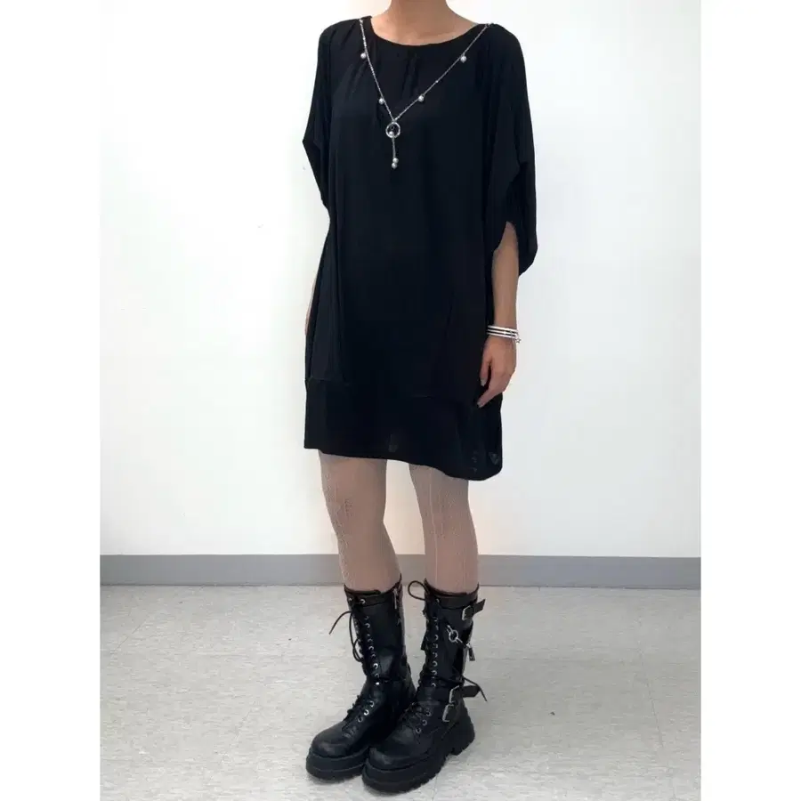 일본빈티지 블랙 반팔 미니 원피스