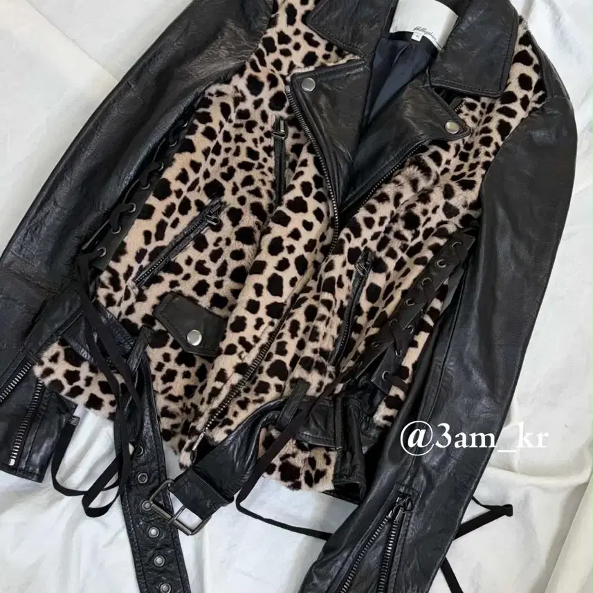 3.1 PHILLIP LIM 래빗 퍼 램스킨 더블 라이더 자켓 레오파드