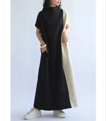 새상품 안티카 배색 원피스 롱 반팔 무지