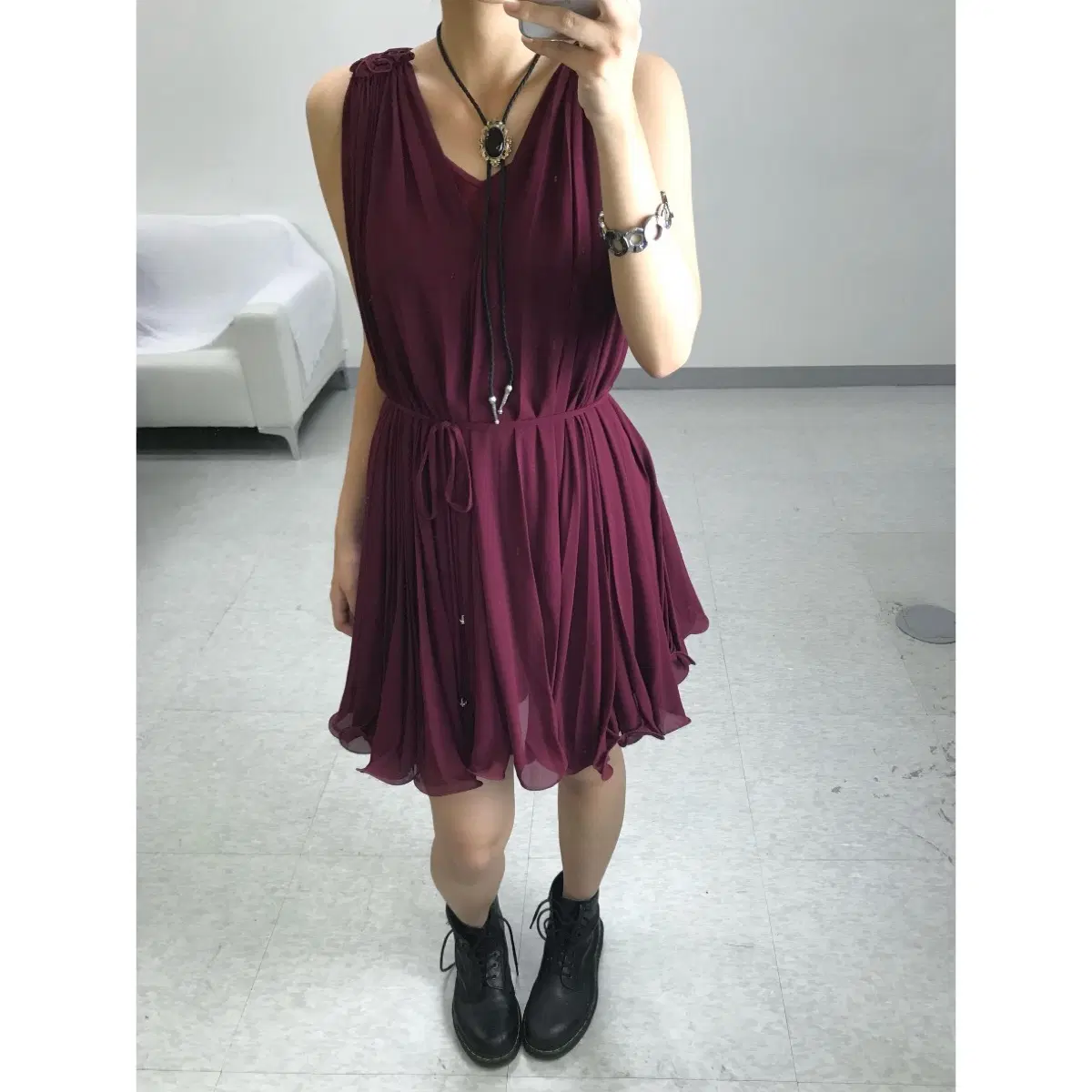 일본빈티지 플럼 플라워 슬리브리스 드레스 원피스
