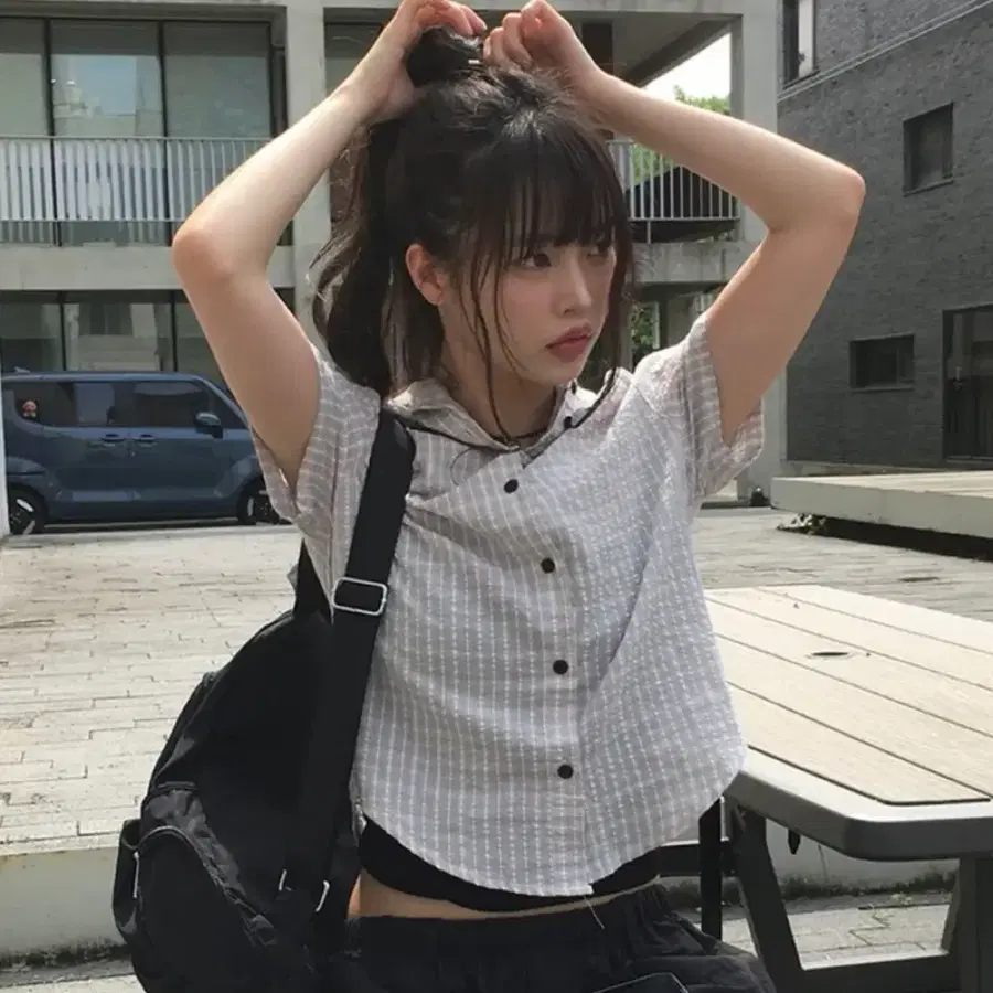 애니원모어 아진 체크 썸머 후드 남방 스트링 셔츠
