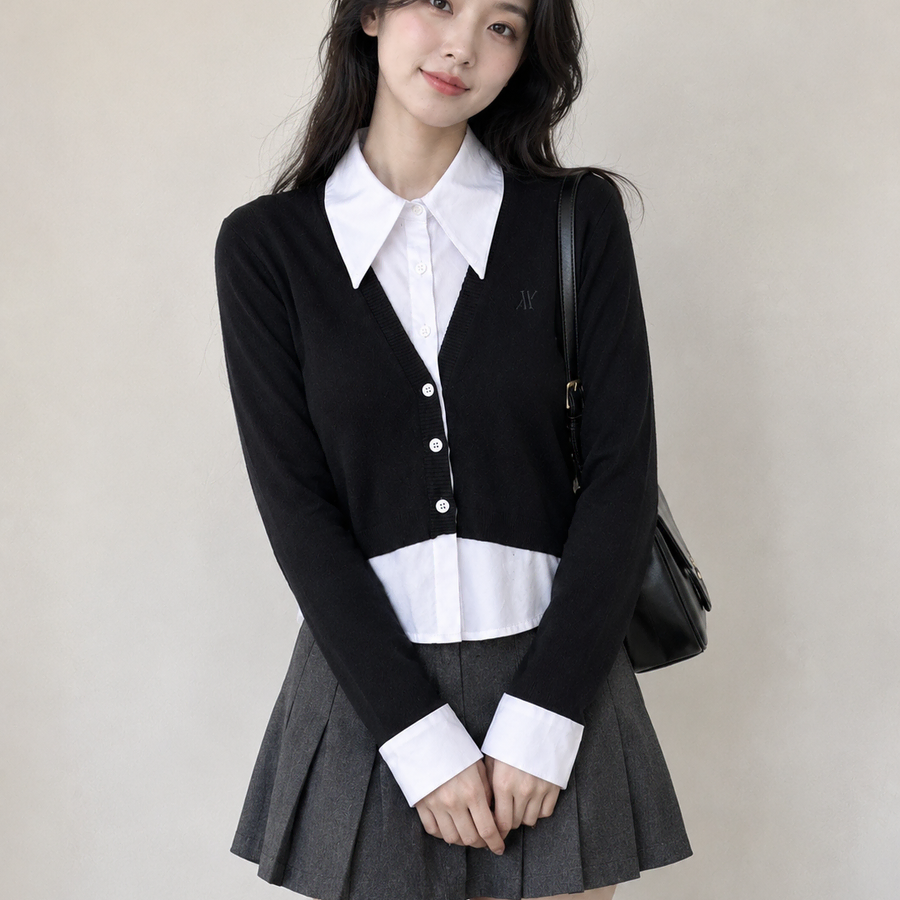 아반드레스 Avandress 블랙 레이어드 셔츠 가디건 크롭 M