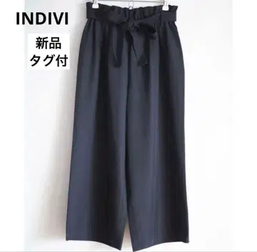 [택 포함 새상품] INDIVI / 리본 벨트 포함 팬츠 / 허리밴딩 / 네이비 / 38 / M