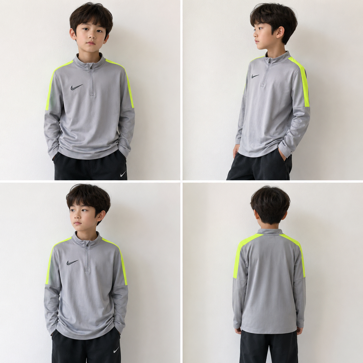 나이키 아동 140 그레이 형광 네온 DRI-FIT 하프집업 트레이닝 상의