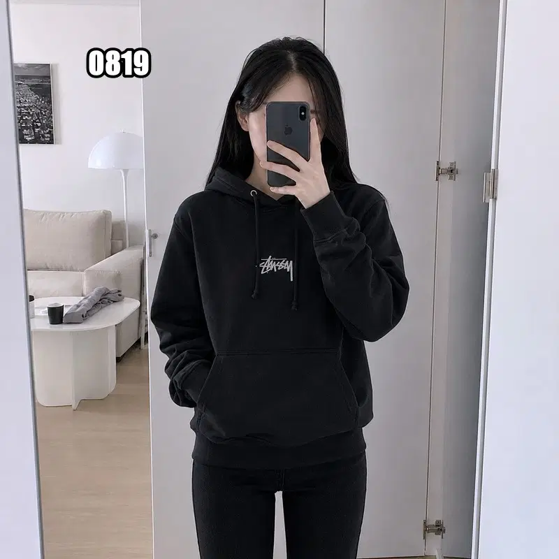 M 스투시 스탁 로고 아플리케 후드 블랙