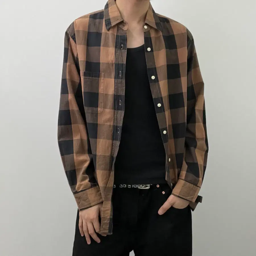 corisco 브라운 블록 체크 코튼 셔츠 L