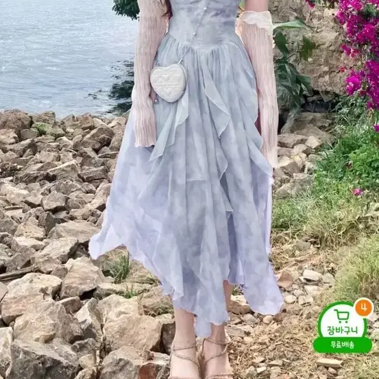 블루 캉캉 쉬폰 롱 원피스 프리