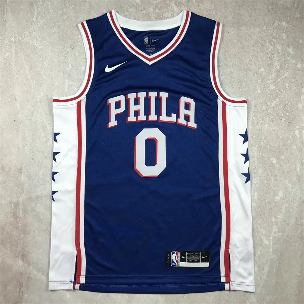 NBA 필라델피아 76ers 맥시 0번 블루 어웨이 유니폼 별무늬 디자인 남성 농구 저지