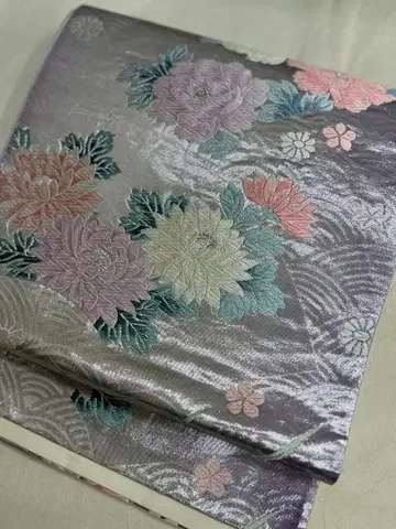 후쿠로 오비 은색 바탕 모란 국화 꽃 문양 청해파 파스텔 고급 포멀