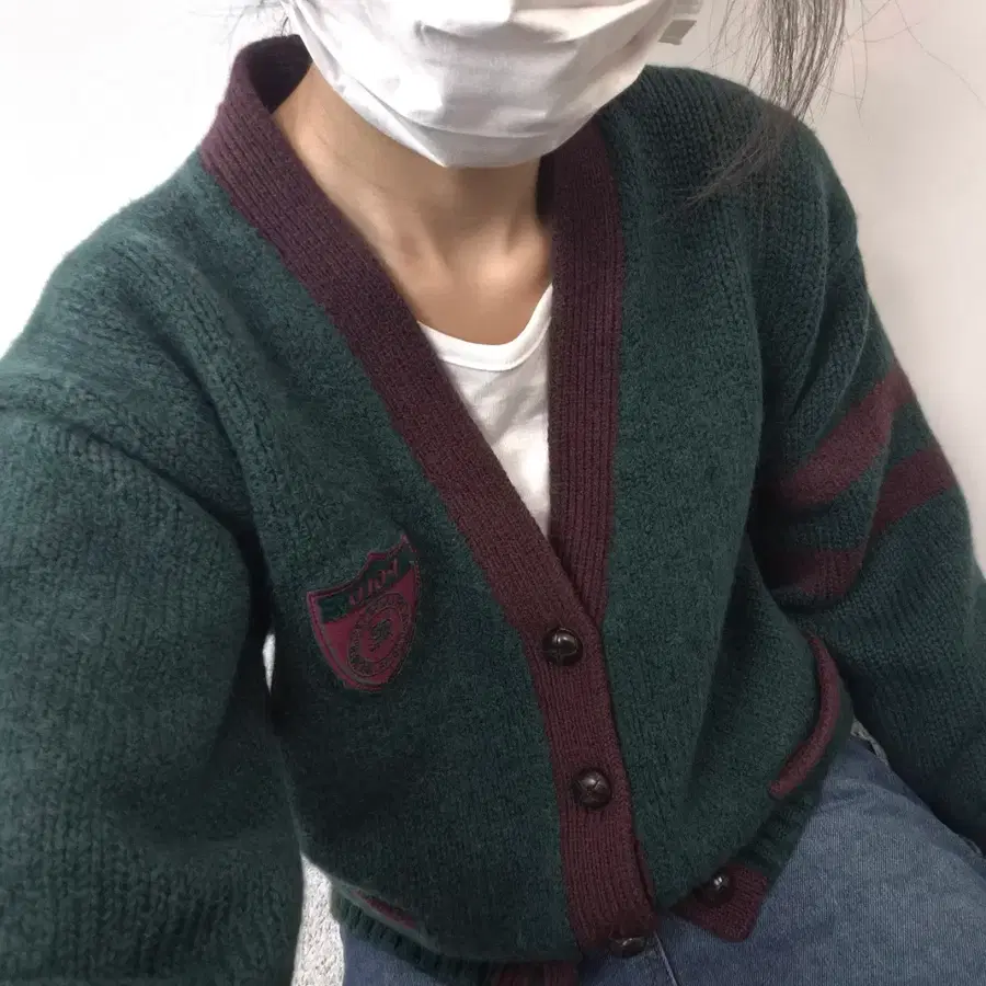 폴로 랄프로렌 빈티지 그린 버건디 배색 니트 가디건 100