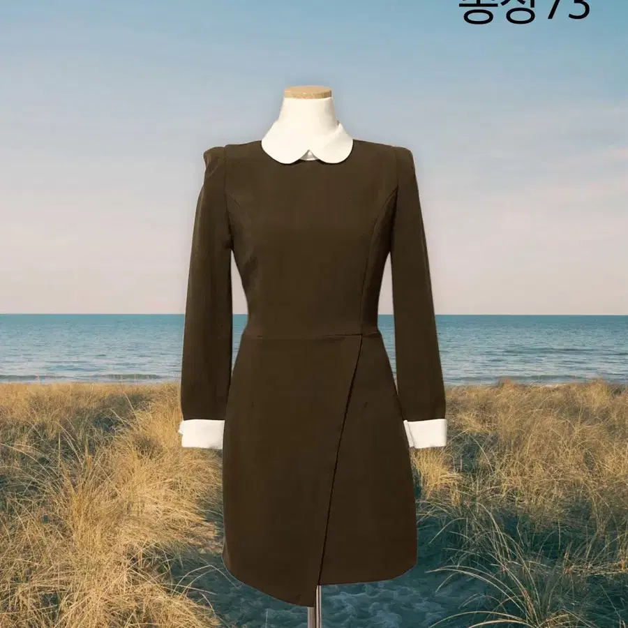 카키 카라 소매배색 랩디자인 미니원피스 하객룩 새상품