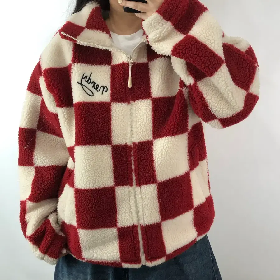 널디 레드 체커보드 플리스 집업 L