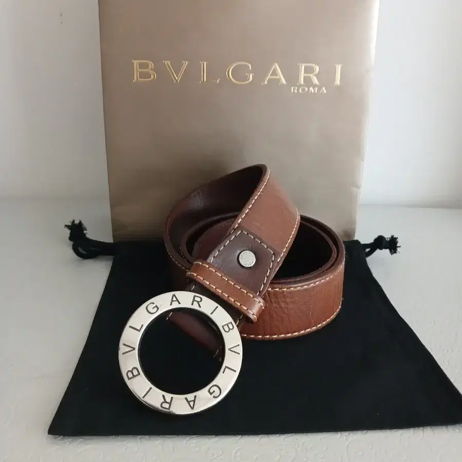 불가리 통가죽 남성 벨트 브라운 실버 버클