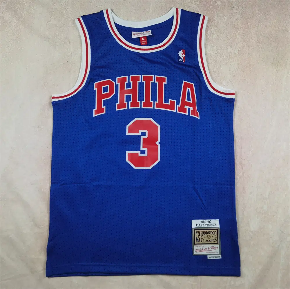 NBA 필라델피아 76ers 아이버슨 3번 블루 하드우드 클래식 레트로 유니폼 남성 농구 저지