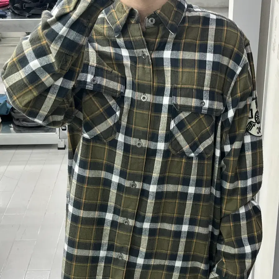 (2XL) 할리 데이비슨 백 로고 카키 플라넬 체크 셔츠