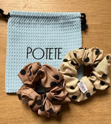 새상품 potete 포테테 스크런치 도트 무늬 아이보리, 브라운, 복조리