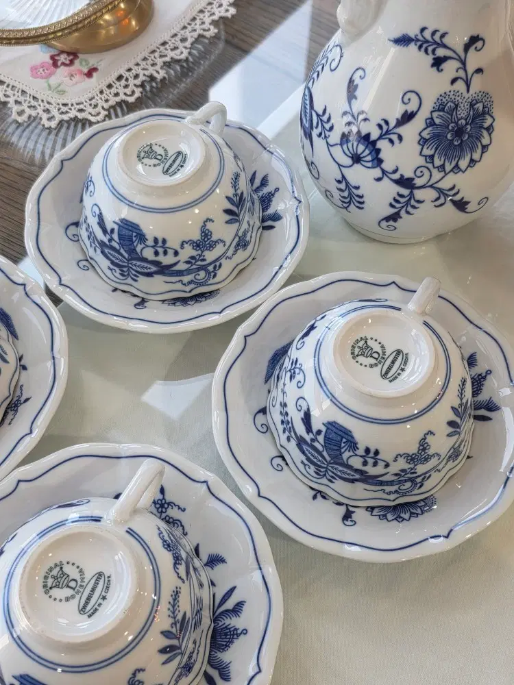 [체코 정품] 쯔비벨무스터(Zwiebelmuster) 티팟 & 찻잔 4조 풀세트 (블루어니언)