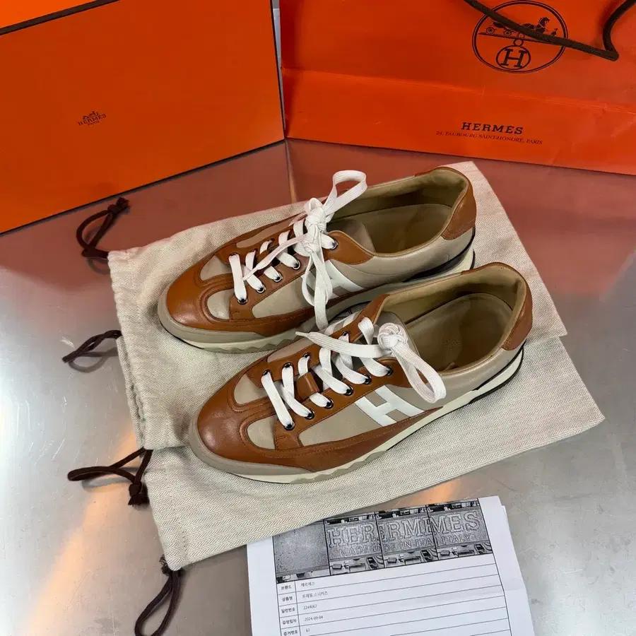 [43 size] 에르메스 트레일 레더 카프스킨 멀티컬러 브라운 스니커즈