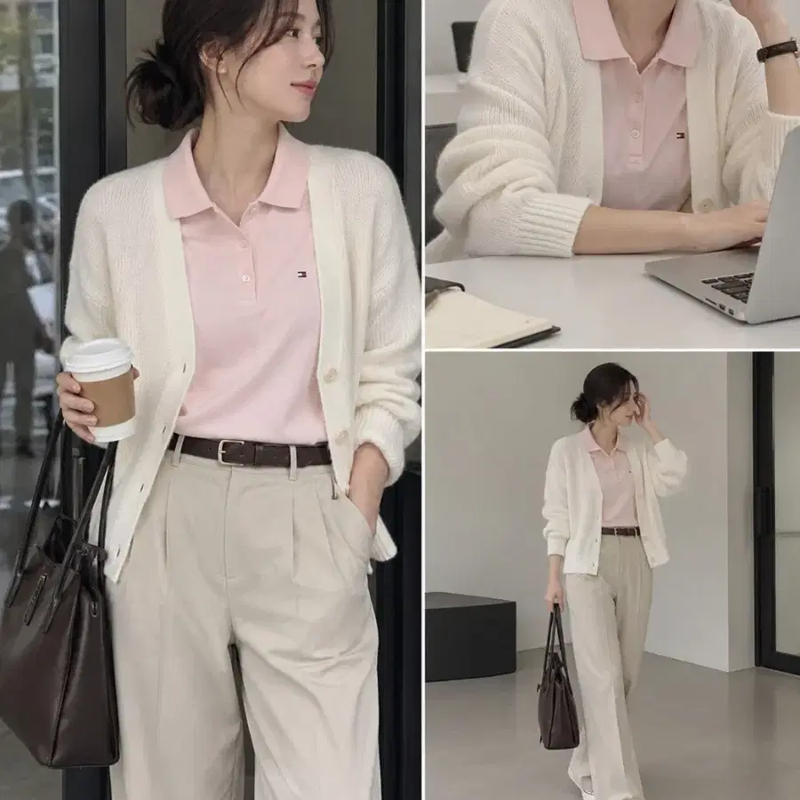 타미힐피거 M 딸기우유 핑크 카라티 클래식핏 날씬66