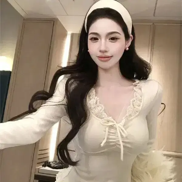 여성 프릴 레이스 긴팔 티셔츠