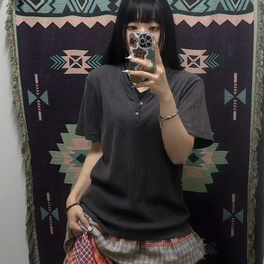 빈티지 재팬 모던캐주얼 스트라이프 레이어드 버튼 반팔티 K0663