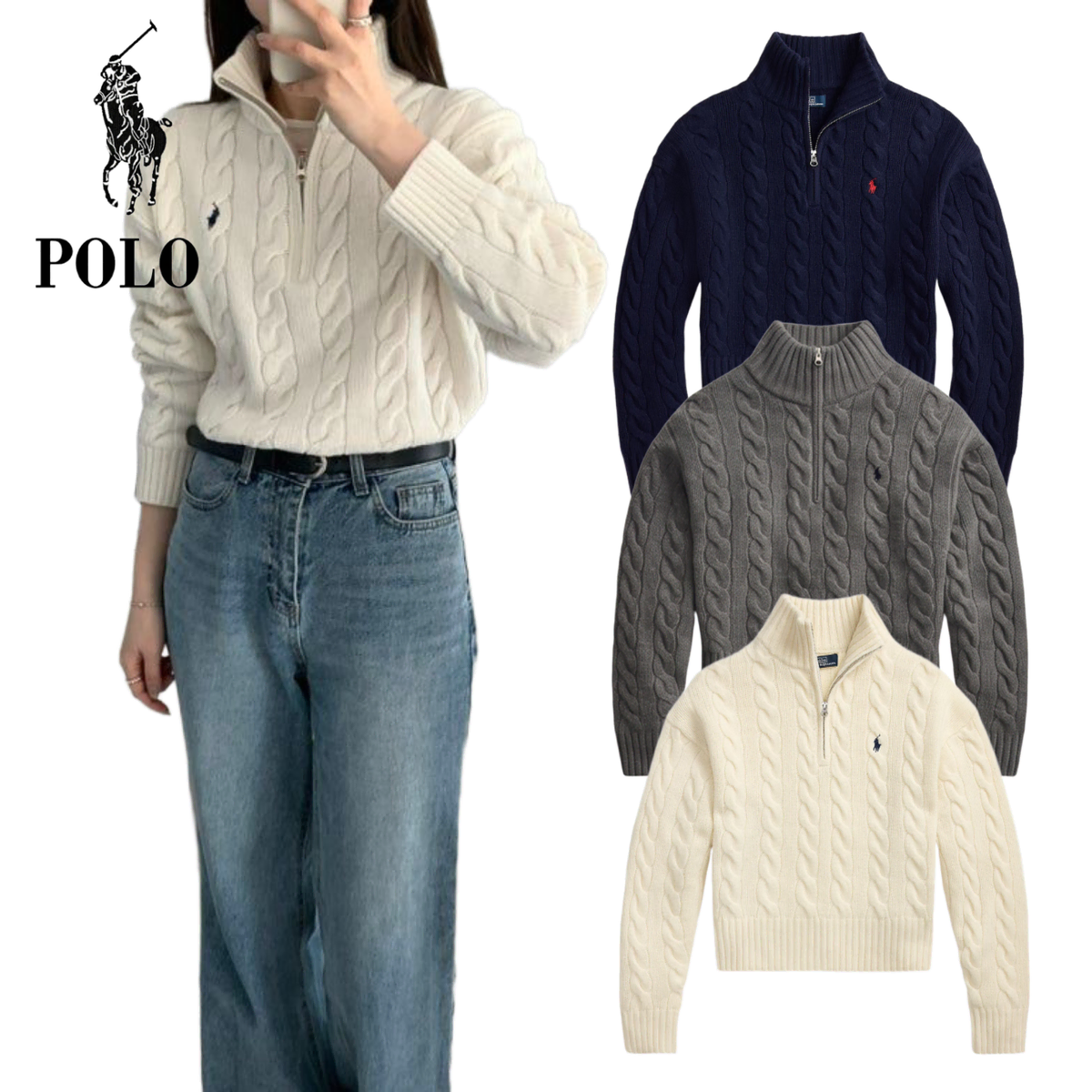 Authentic/New Product) Polo Ralph Lauren Women's Wool Cashmere Cable Knit 3COLOR (Cream/Navy/Gray)