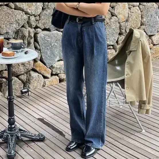 라이크유 데비 중청 핀턱 와이드 데님