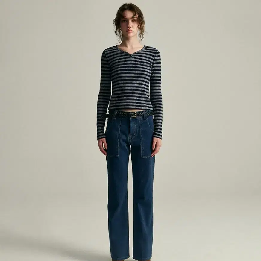 (새 상품) 더바넷 Grevy Striped Ribbed Henley T-shirt