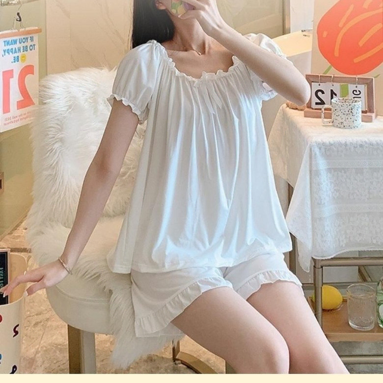 (반팔+팬츠) 여성 순면 잠옷 셔링 파자마 새제품 사계절 홈웨어