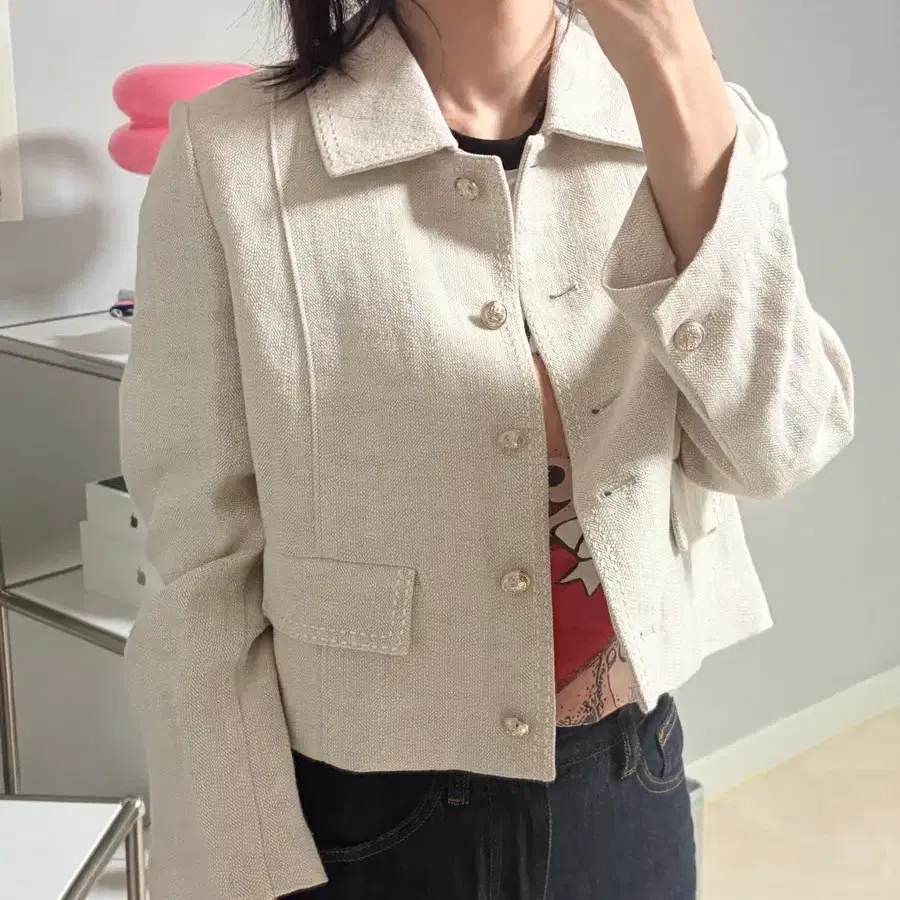 보브 vov 아이보리 카라 린넨 크롭 자켓 새제품 55