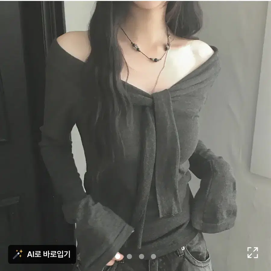 오프숄더 타이 니트 긴팔티셔츠 에이블리