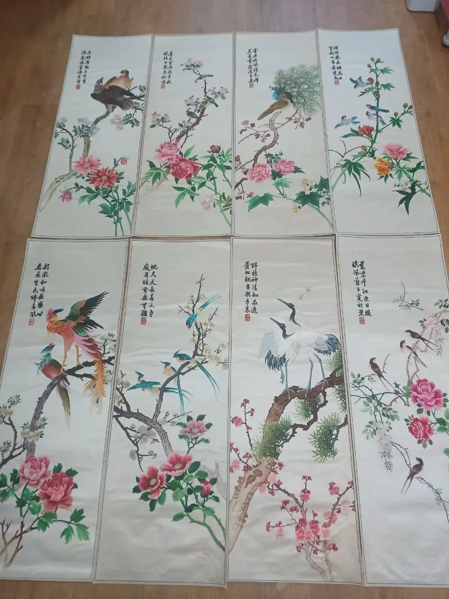 40.근대사 수집품 8폭병풍 화조도 손자수 새 그림 병풍