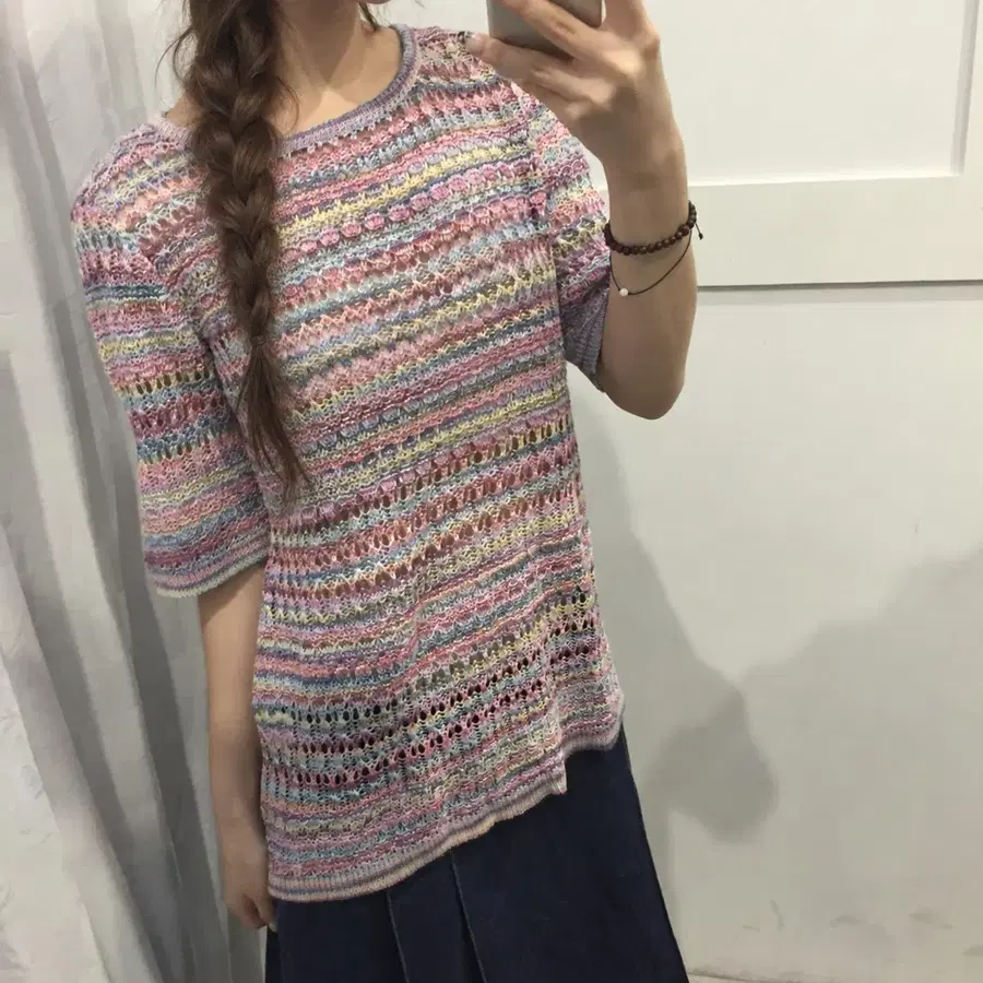 JPN Vintage 미사깔 모리걸 레인보우 니트 반팔