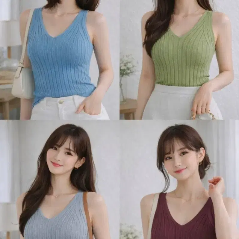 브이넥 골지 민소매 니트
