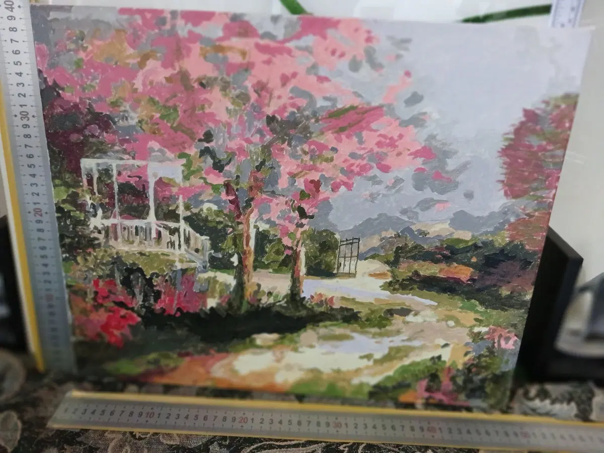 유화 그림 풍경화 핑크색 꽃 나무