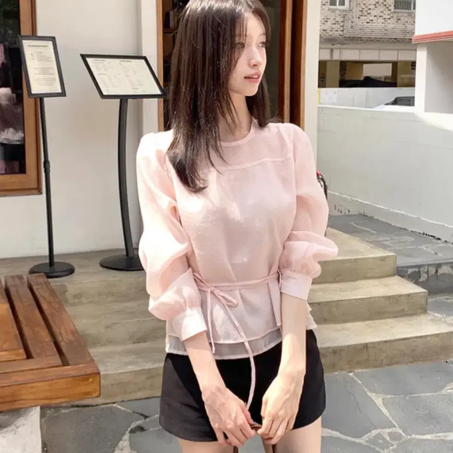 시스루 퍼프 블라우스 핑크