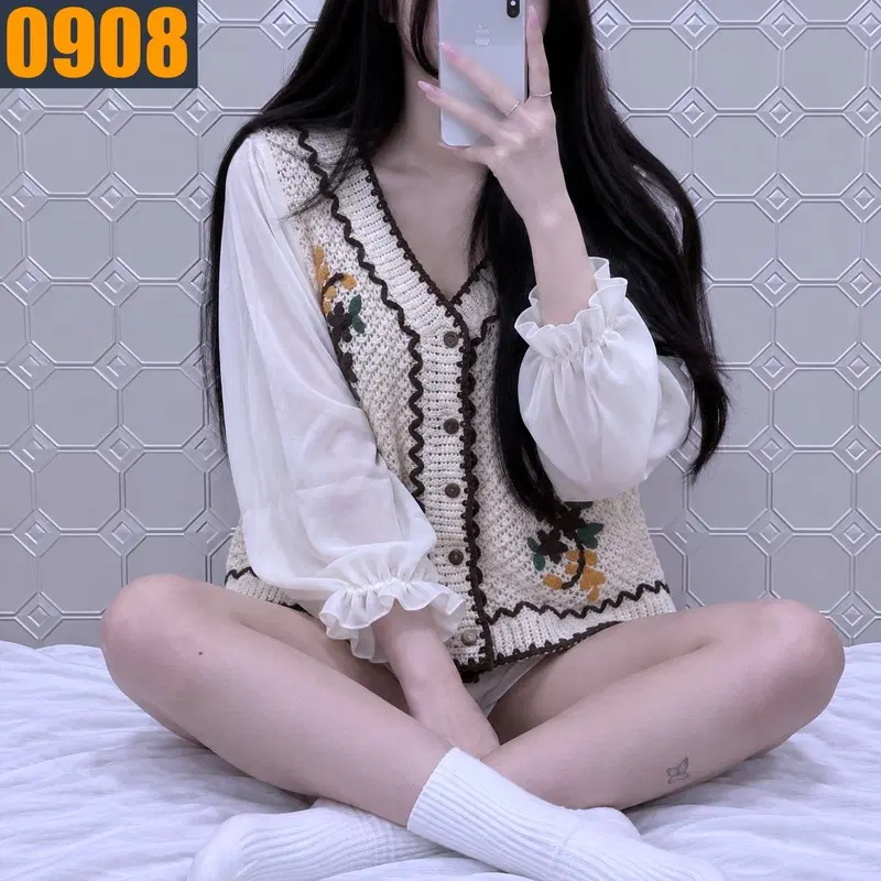 90 VTG 빈티지 플라워 자수 프릴 블라우스