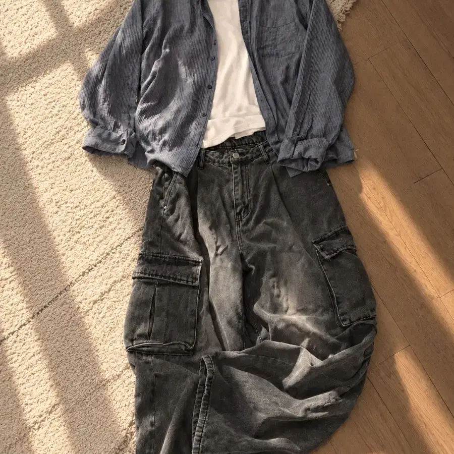 (HOOR) 빈티지 워싱 와이드 카고 데님 팬츠 (블랙) Xl