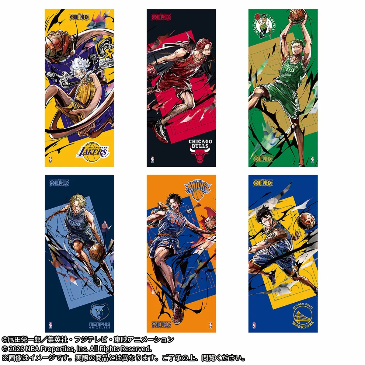 (6종 세트) 원피스 x NBA 스포츠 빅 타올 80cm 니카 루피 샹크스 조로 에이스 로우 사보