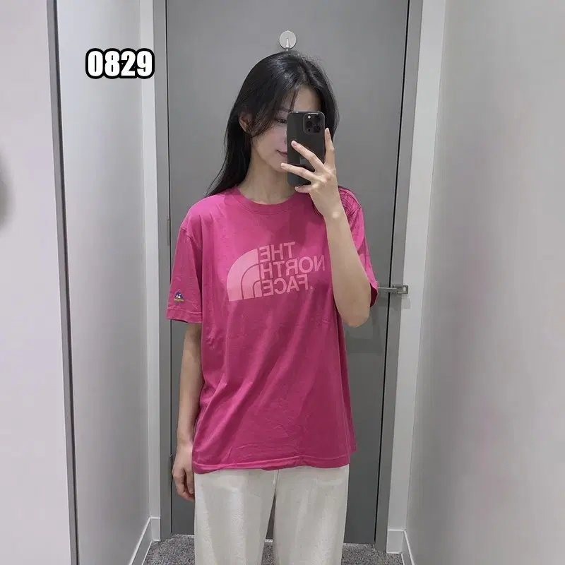 M 노스페이스 핑크 빅로고 반팔 티셔츠