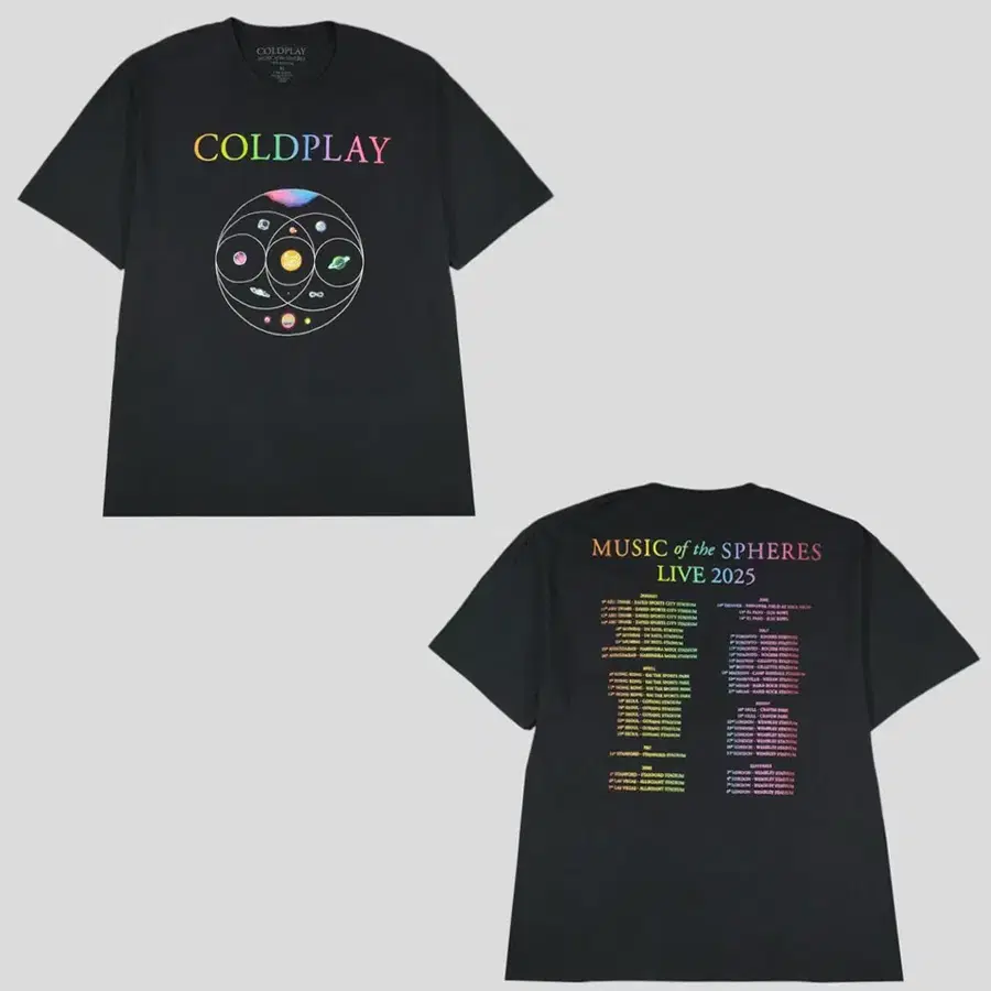 COLDPLAY 콜드플레이 2025 피그먼트 블랙 레인보우 멀티컬러 뮤직 오브 더 스피어스 월드투어 로고 올드스쿨 스트릿 밴드티 굿즈 반팔 티셔츠 XL