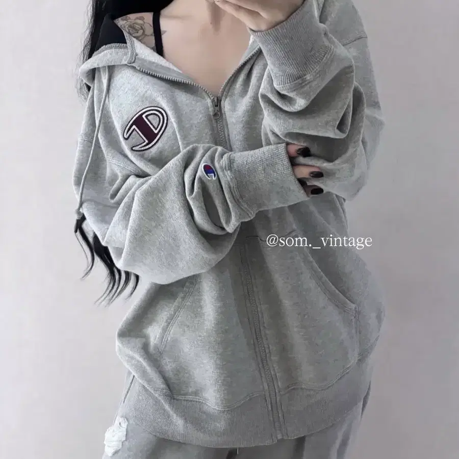 솜 빈티지 챔피온 로고 후드집업 그레이