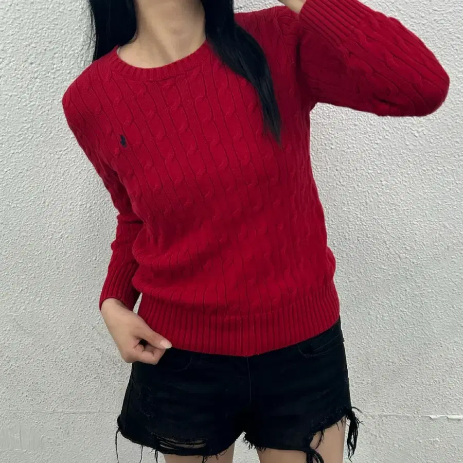 폴로 랄프로렌 네이비포니 레드 꽈배기 니트 S