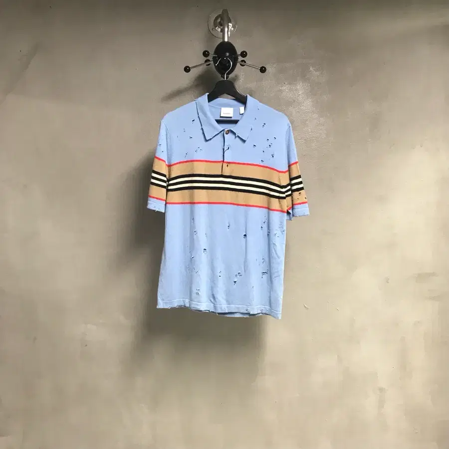 버버리 니트 반팔 카라티 블루 XL