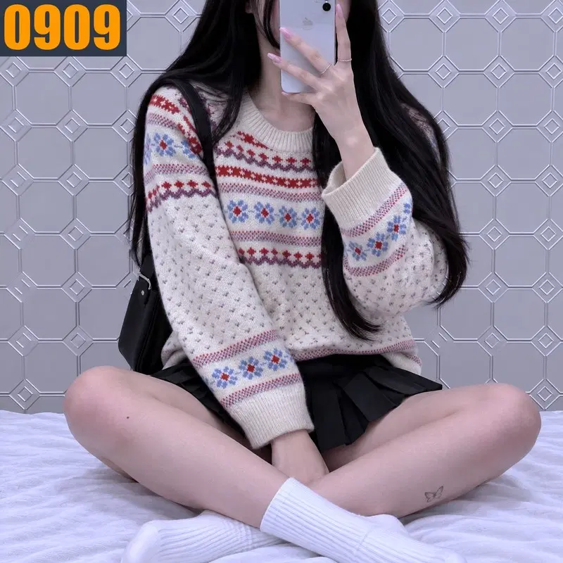 95 VTG 빈티지 아이보리 노르딕 패턴 크롭 니트 M