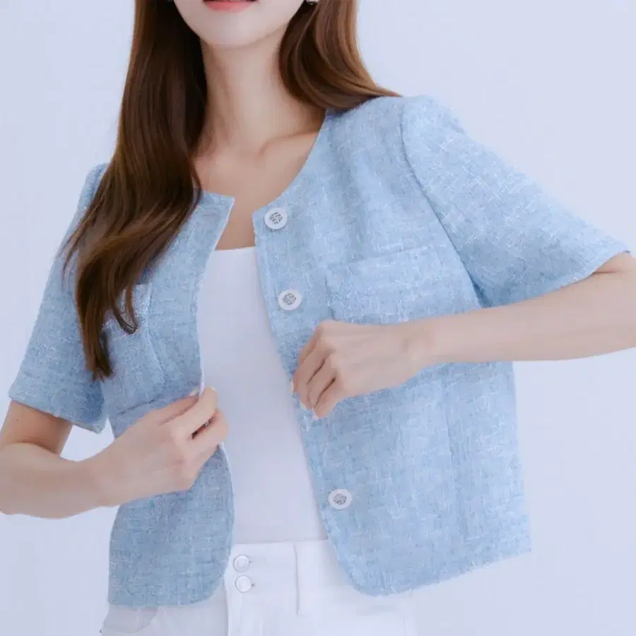(택안뗌) 로엠 칼라리스 트위드 반팔 자켓 블루
