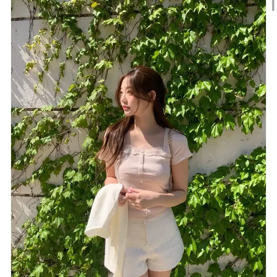 제니오 벨 레이스 가디건 하프 핑크