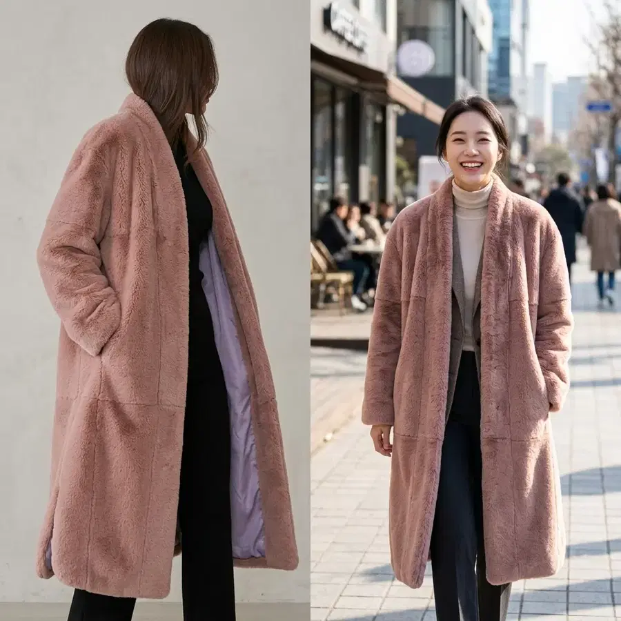한섬 FOURM STUDIO 폼스튜디오 여성 천연 토끼털 모피 코트 핑크베이지 55-66