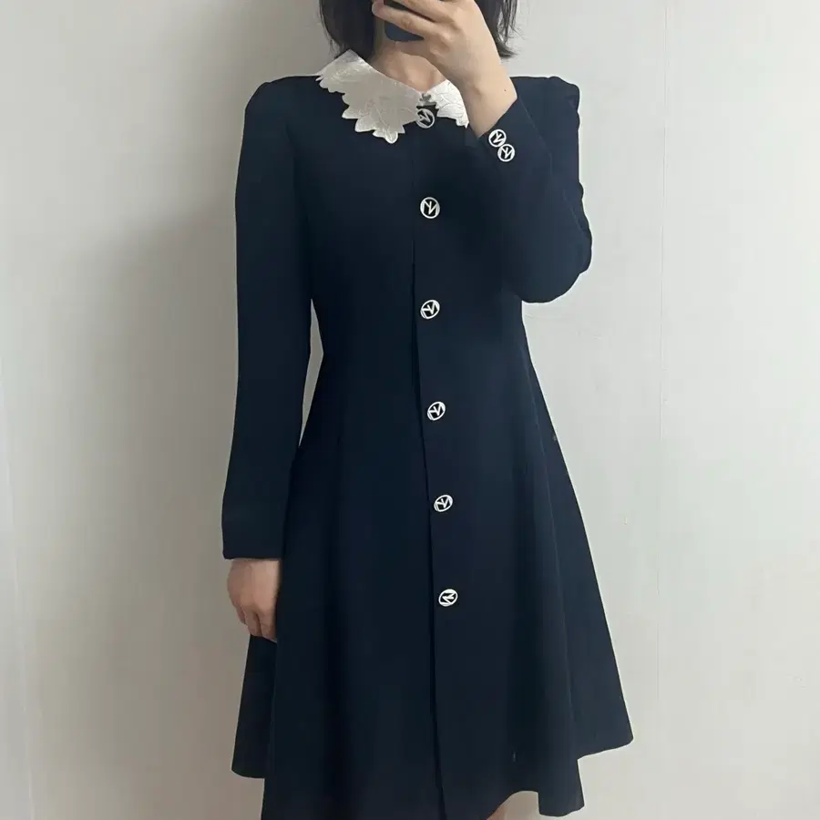 [55] Line 라인 레이스 화이트 카라 블랙 딥네이비 미니 미디 원피스